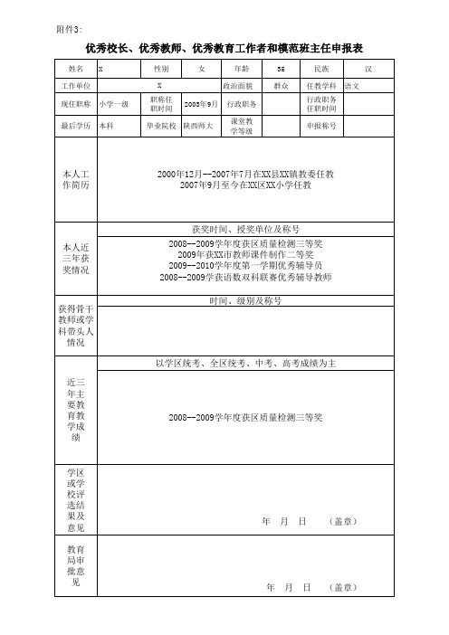 优秀校长、优秀教师、优秀教育工作者和模范班主任申报表