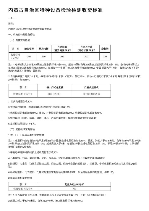 内蒙古自治区特种设备检验检测收费标准