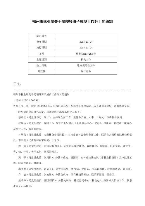 福州市林业局关于局领导班子成员工作分工的通知-榕林[2013]262号