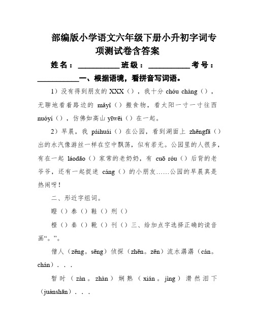 部编版小学语文六年级下册小升初字词专项测试卷含答案