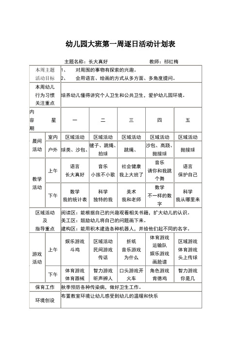 大班周计划表