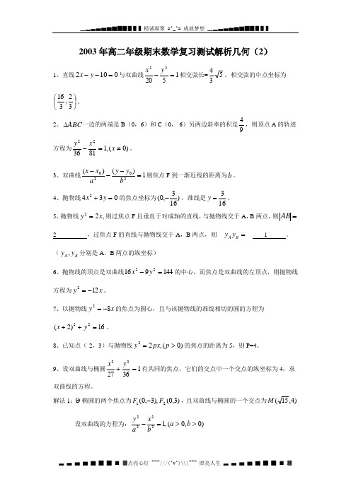 2003高二级期末数学复习测试解析几何(2)答案