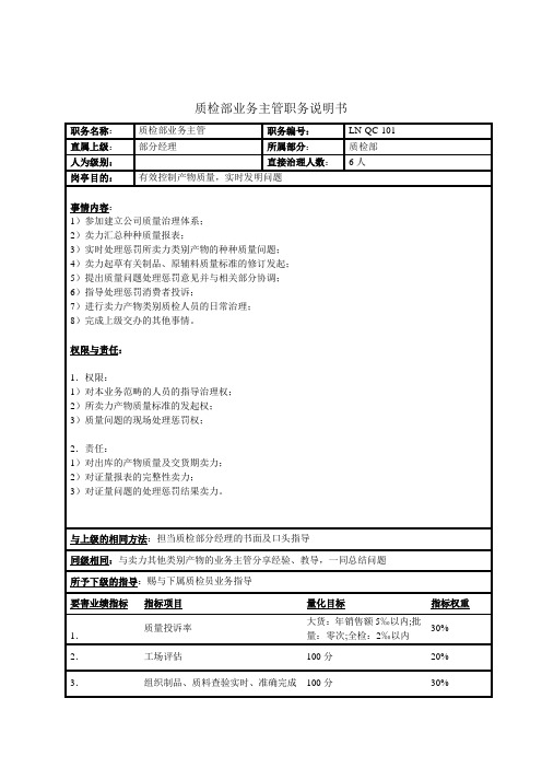 质检部业务主管职务说明书