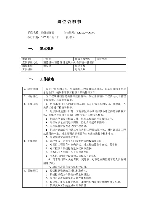 房地产公司经管部部长岗位说明书模版