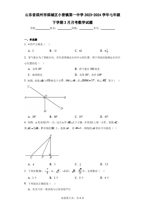 山东省滨州市滨城区小营镇第一中学2023-2024学年七年级下学期3月月考数学试题