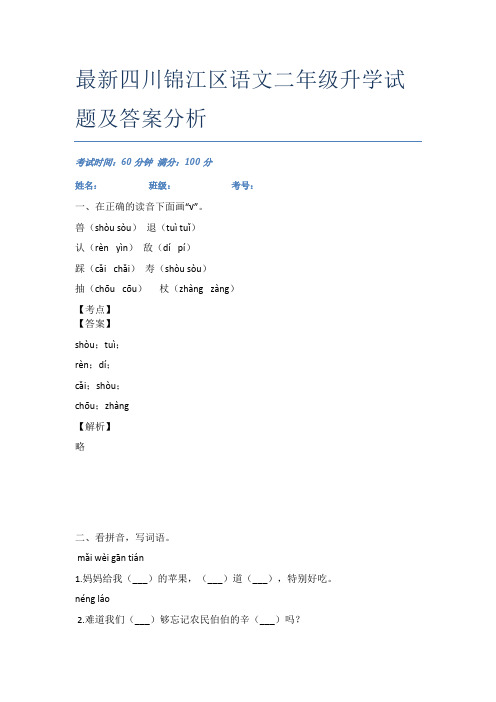 最新四川锦江区语文二年级升学试题及答案分析