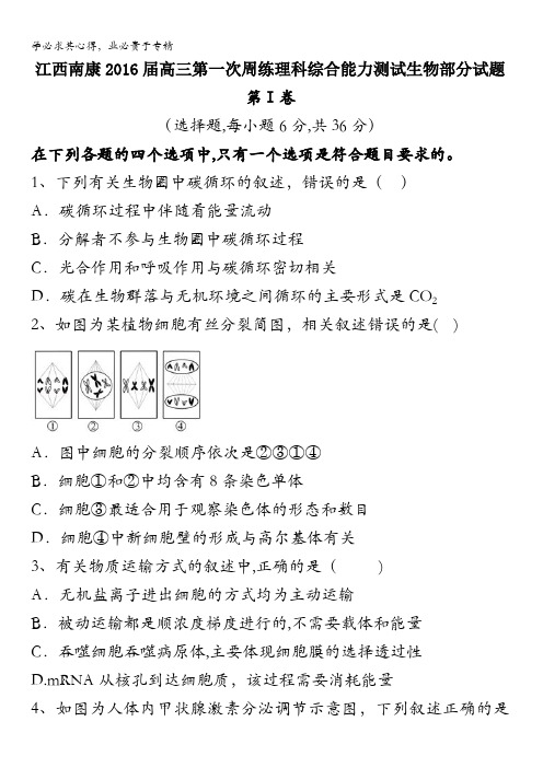 江西南康2016届高三第一次周练理科综合能力测试生物部分试题 含答案