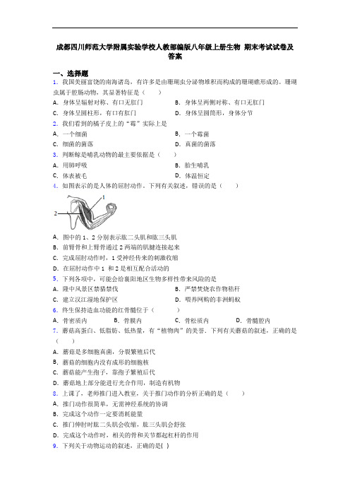 成都四川师范大学附属实验学校人教部编版八年级上册生物 期末考试试卷及答案