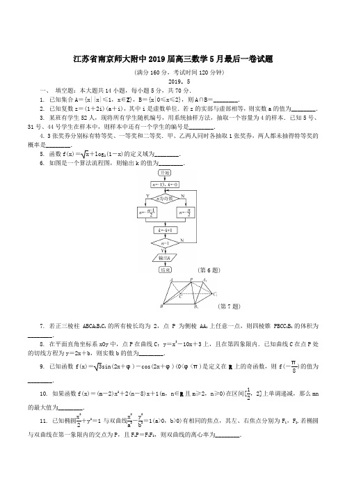 江苏省南京师大附中2019届高三数学5月最后一卷试题(含答案)