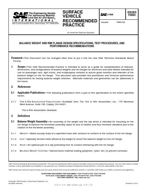 SAE J1986-1993 BALANCE WEIGHT AND RIM FLANGE DESIGN SPECIFICATIONS, TEST PROCEDURES, AND PERFORMANCE