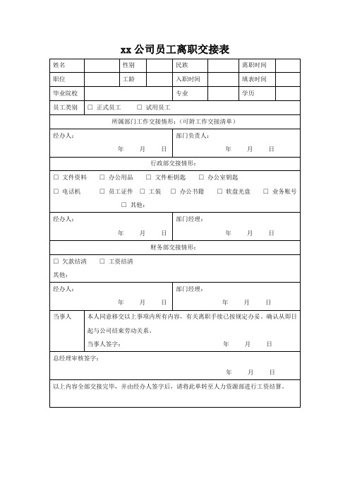 公司员工离职交接表