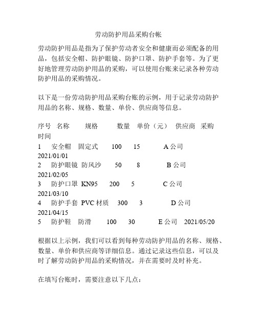 劳动防护用品采购台帐