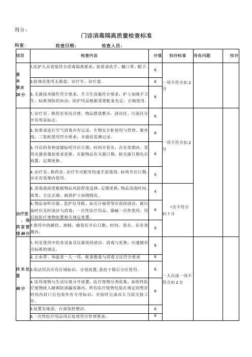 门诊消毒隔离质量检查标准