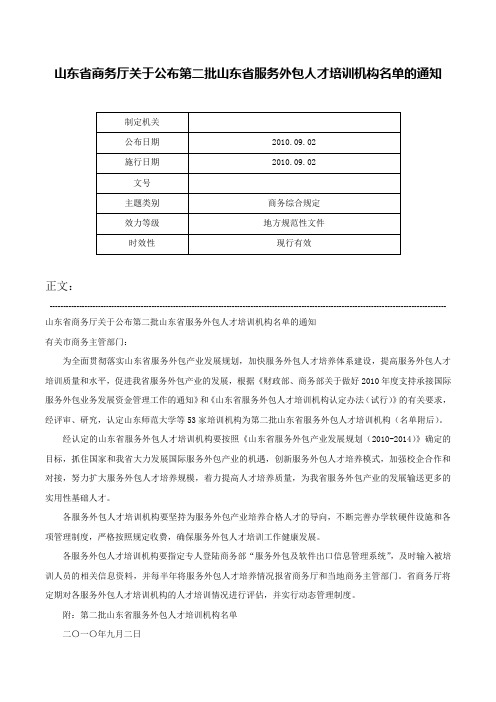 山东省商务厅关于公布第二批山东省服务外包人才培训机构名单的通知-