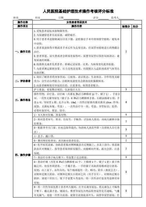 人民医院基础护理技术操作考核评分标准(女性患者导尿技术)