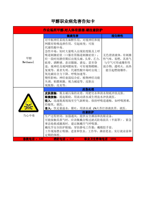 甲醇职业病危害告知卡