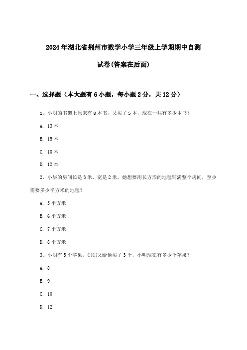 湖北省荆州市数学小学三年级上学期期中试卷及解答参考(2024年)