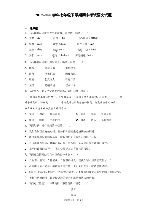 天津市滨海新区2019-2020学年七年级下学期期末考试语文试题(含答案解析)