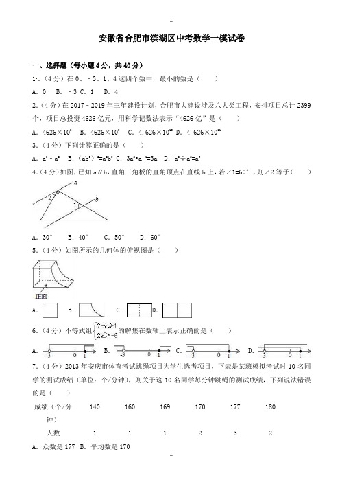 2019-2020学年安徽省合肥市滨湖区中考数学一模试卷(有标准答案)