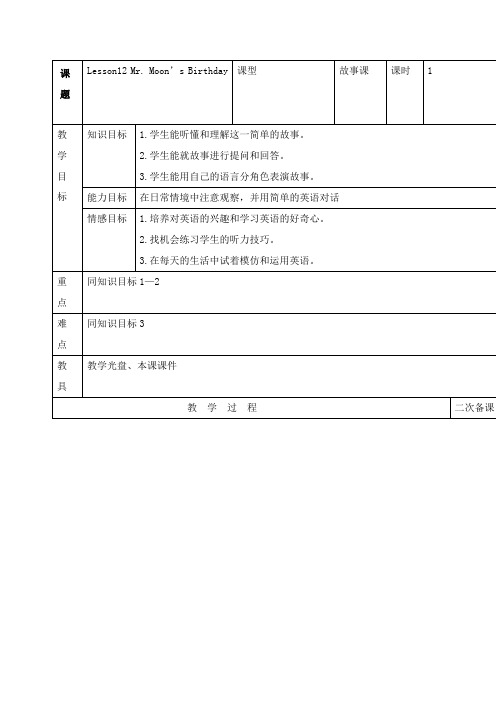 最新冀教版小学英语四年级下册Lesson12 MrMoon’s Birthday公开课教学设计