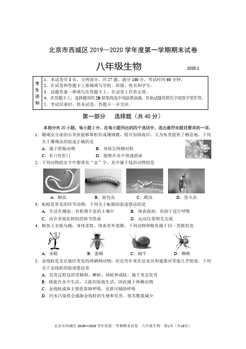 2019—2020北京西城区八年级生物上学期期末调研试卷及答案