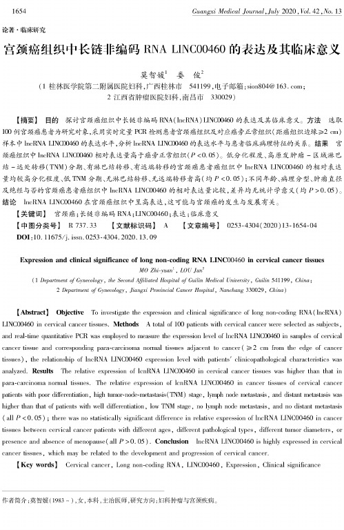 宫颈癌组织中长链非编码RNA LINC00460的表达及其临床意义