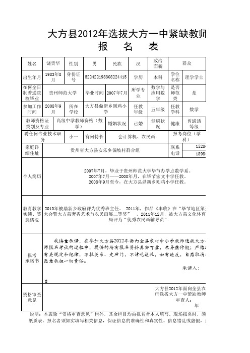 大方一中招考教师报名表