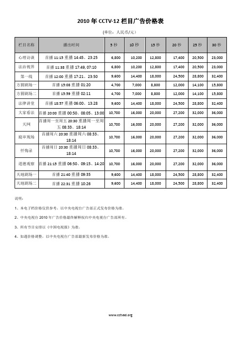 2010年CCTV-12栏目广告价格表