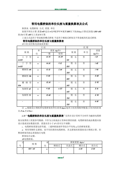 常用电缆桥架的单位长度与重量换算表