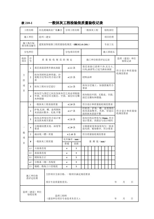 一般抹灰工程检验批质量验收记录