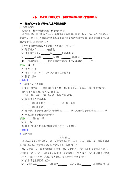 人教一年级语文期末复习：阅读理解(经典版)带答案解析