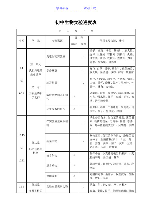 初中生物实验进度表