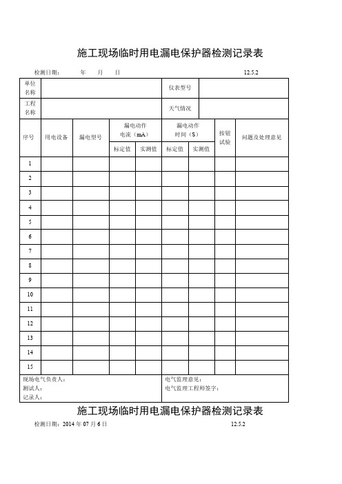 施工现场临时用电漏电保护器检测记录表