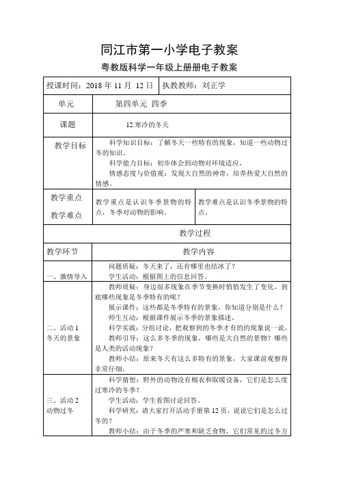 粤教版科学一年级上册12.寒冷的冬天电子教案