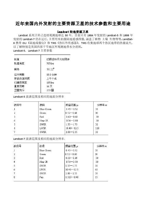 近年来国内外发射的主要资源卫星的技术参数和主要用途