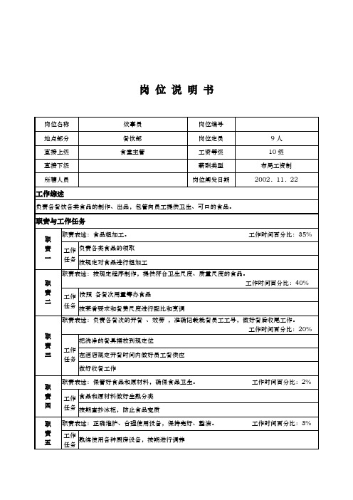 x国际大酒店餐饮部岗位说明书炊事员(doc)