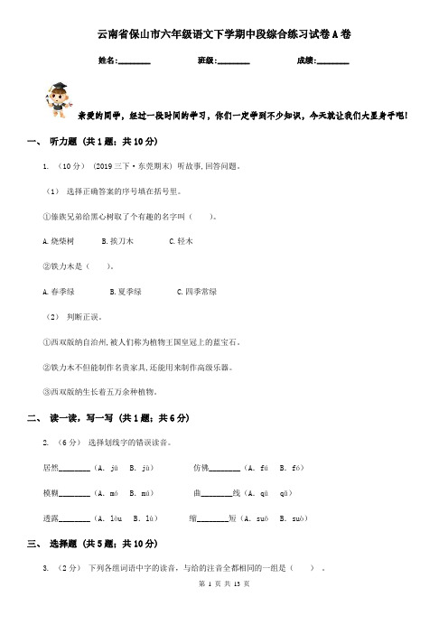 云南省保山市六年级语文下学期中段综合练习试卷A卷