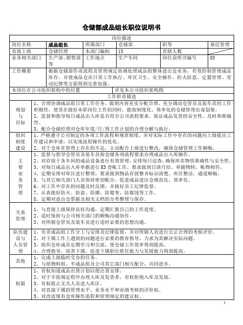 仓储部成品组长职位说明书