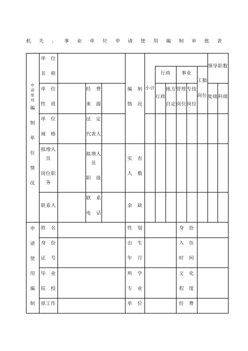 机关事业单位申请使用编制审批表