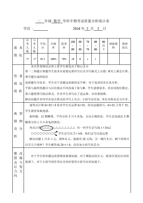 二年级数学第二学期半期考试质量分析