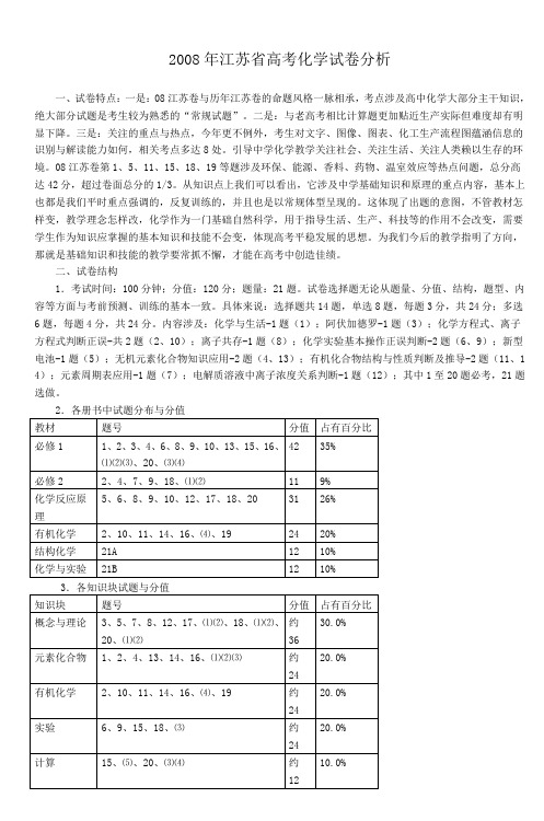 2008年江苏省高考化学试卷分析