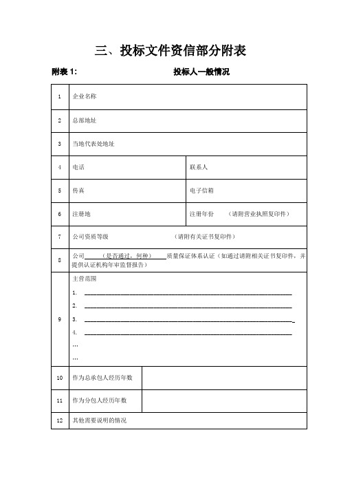 天津市投标文件资信标表格