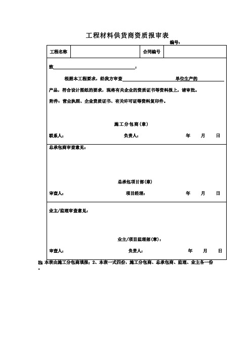 工程材料供货商资质报审表