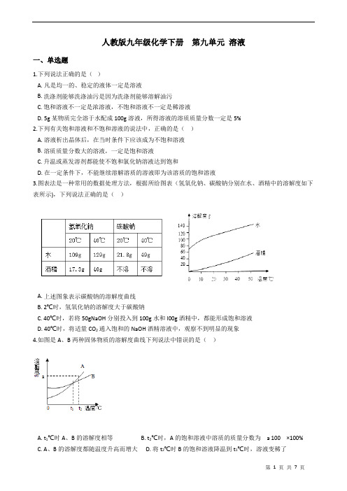 人教版九年级化学下册  第九单元 溶液 练习题(含答案)