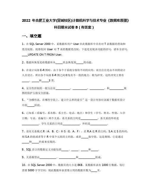 2022年合肥工业大学(宣城校区)计算机科学与技术专业《数据库原理》科目期末试卷B(有答案)