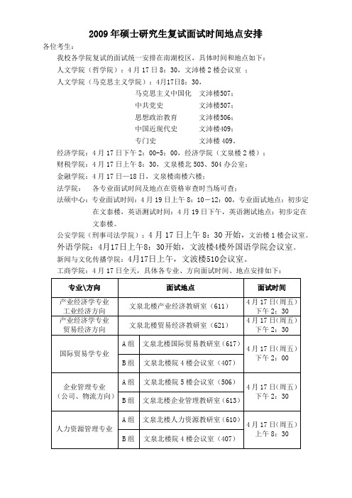 2009年硕士研究生复试面试时间地点安排