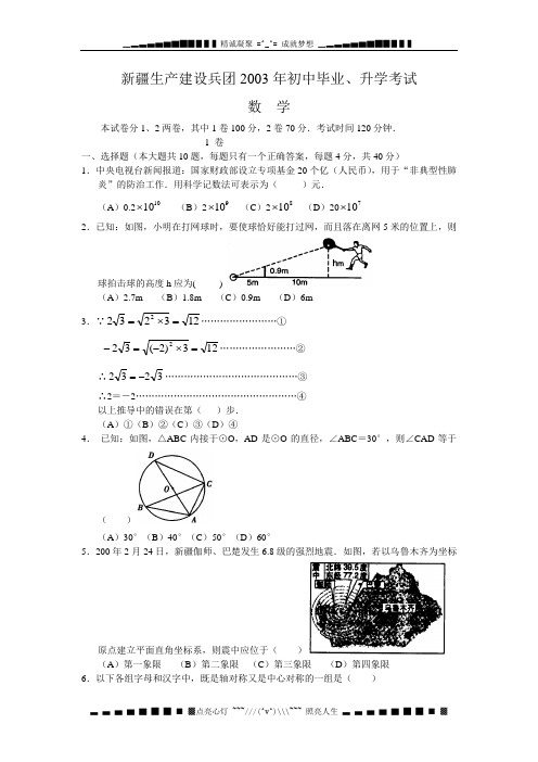 2003新疆生产建设兵团中考数学试题及答案