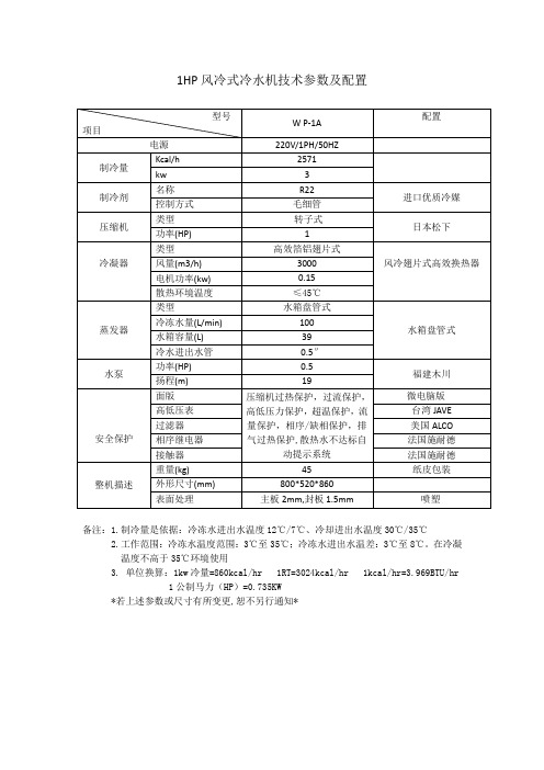 1HP风冷式冷水机技术参数及配置