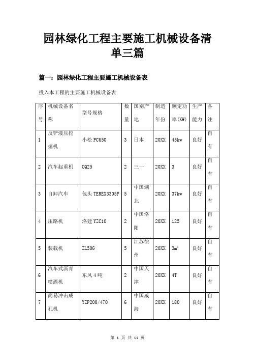 园林绿化工程主要施工机械设备清单三篇