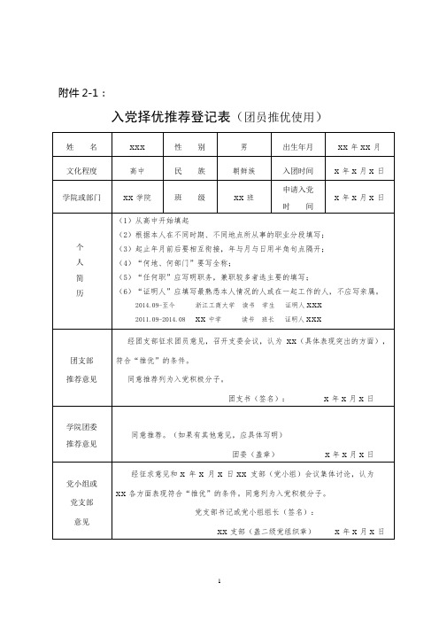 入党择优推荐登记表(团员、非团员)(样表)